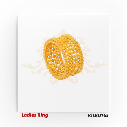 Bold ladies gold ring featuring a wide band with three sleek rows of polished golden beads separated by open spaces, offering a striking layered look. Model RJLR0765.