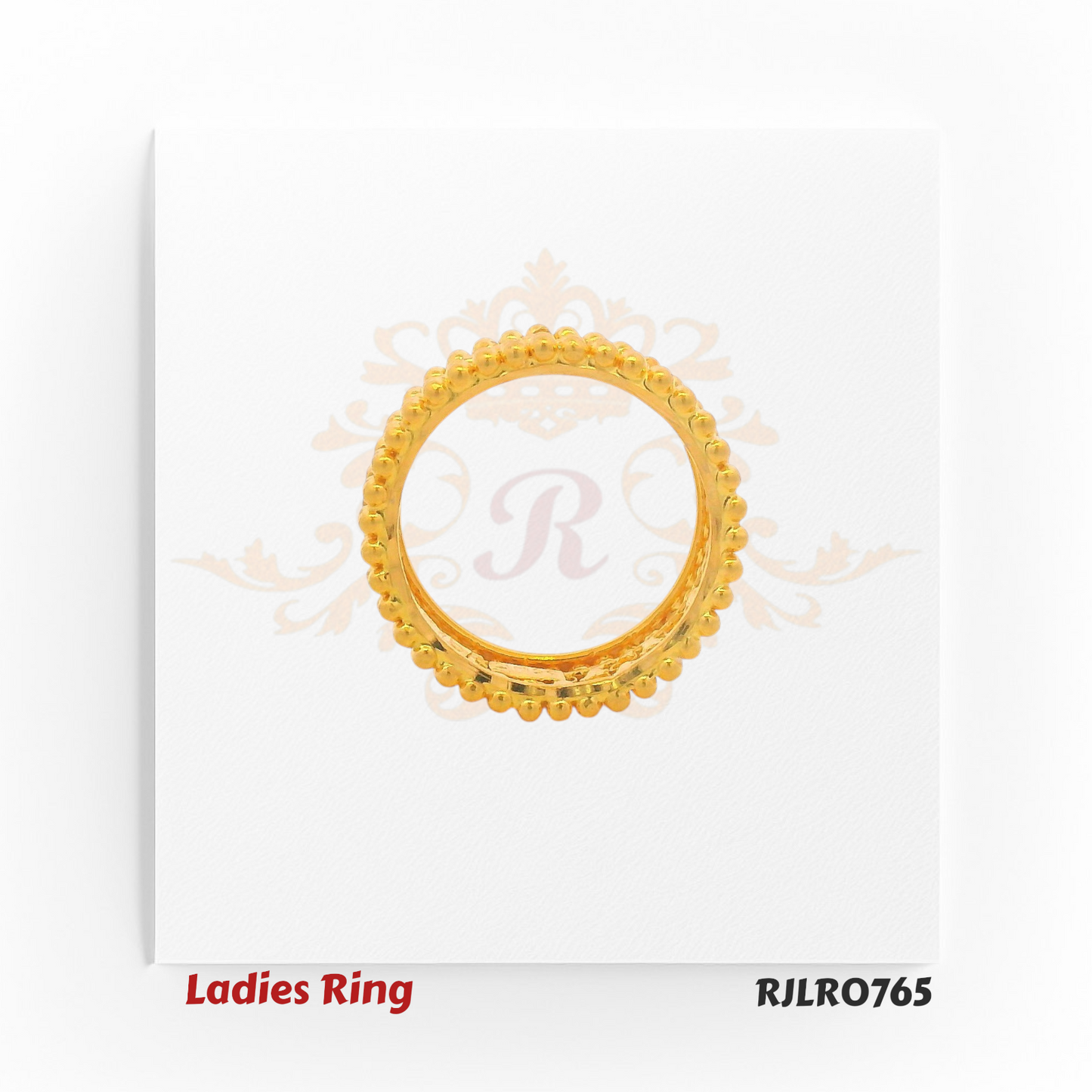 Wide band ladies gold ring with three horizontal rows of polished golden beads and open spaces, creating a bold, layered design. RJLR0765