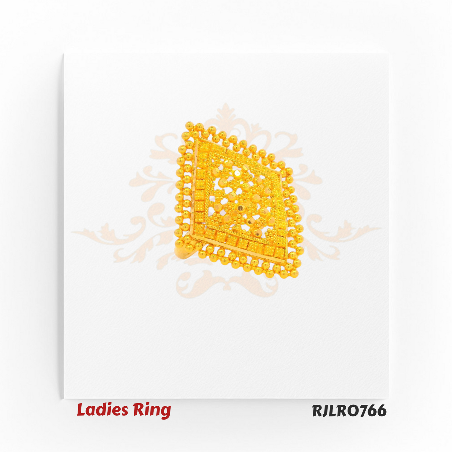 Square-shaped gold ring for women, adorned with delicate floral filigree and encircled by textured golden beadwork, exuding timeless ethnic elegance. Model RJLR0766.