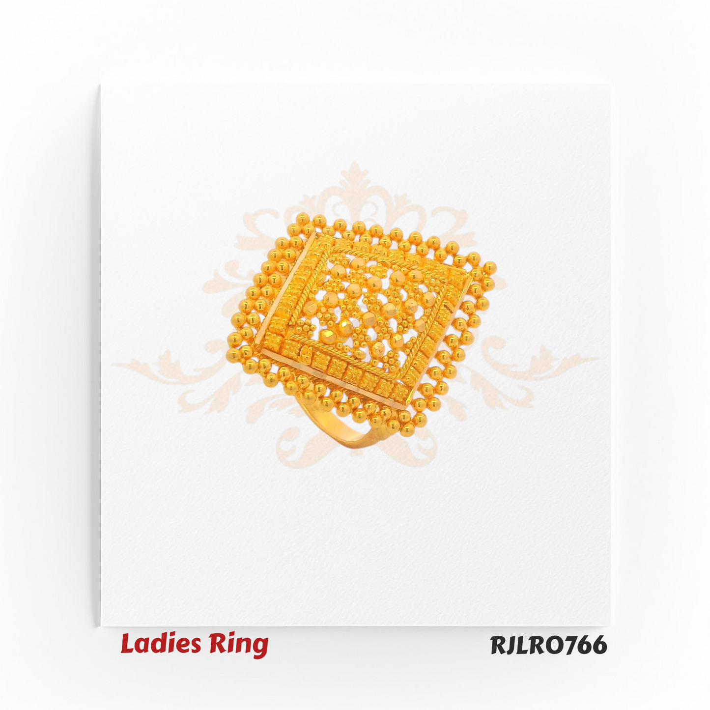 Elegant square gold ladies ring featuring fine floral filigree at its center, framed by a border of raised golden beads for a rich, traditional charm. Model RJLR0766.