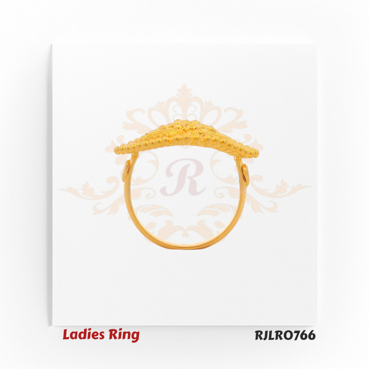 Square-shaped ladies gold ring with intricate floral filigree design, bordered by a row of raised golden beads for a traditional ethnic appeal. RJLR0766