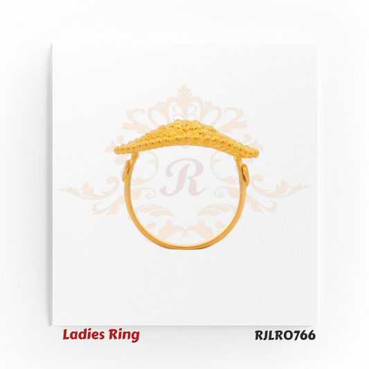 Square-shaped ladies gold ring with intricate floral filigree design, bordered by a row of raised golden beads for a traditional ethnic appeal. RJLR0766