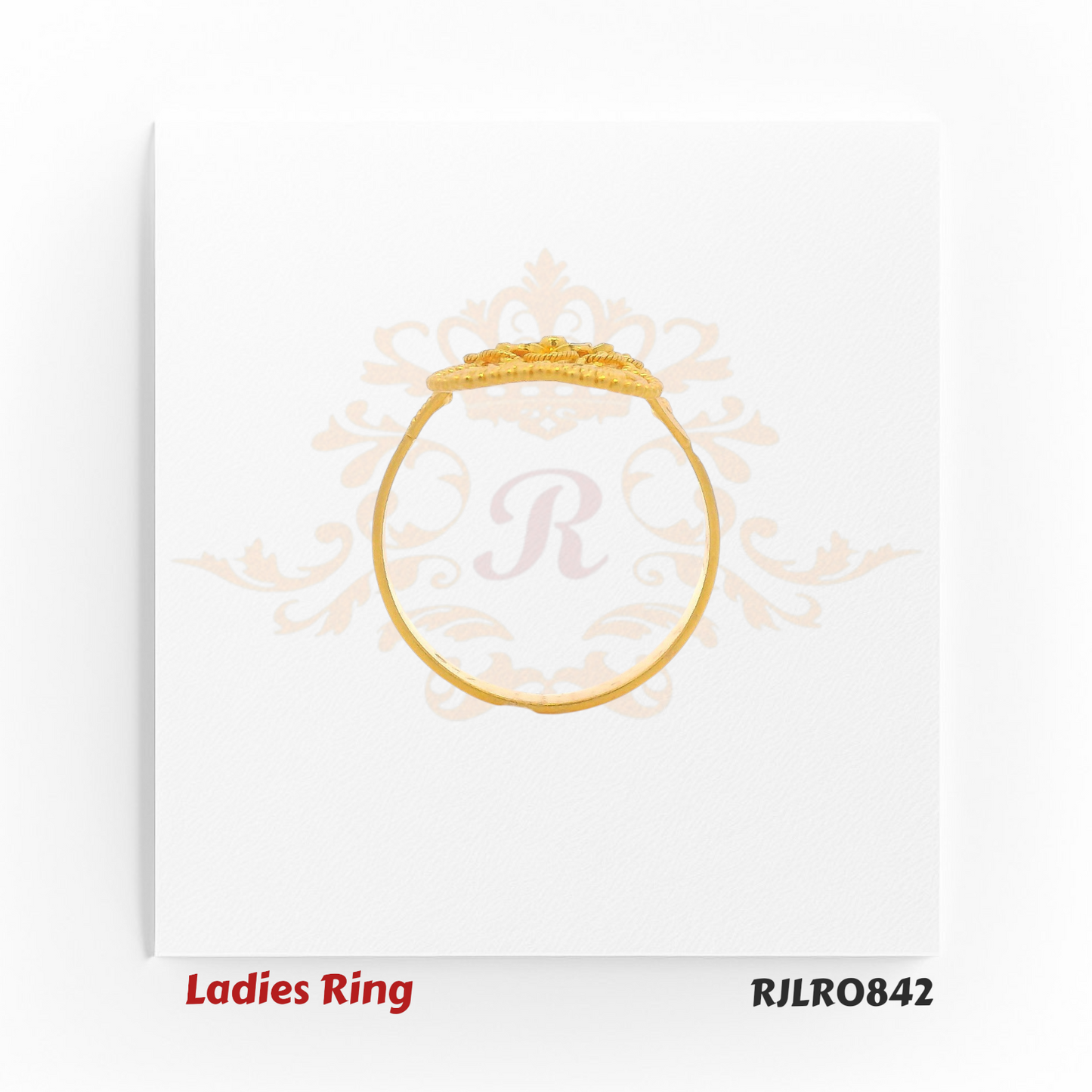 Bold and elegant ladies gold ring with a central floral design framed by concentric circular patterns, ideal for adding a festive or bridal touch. Model RJLR0842.
