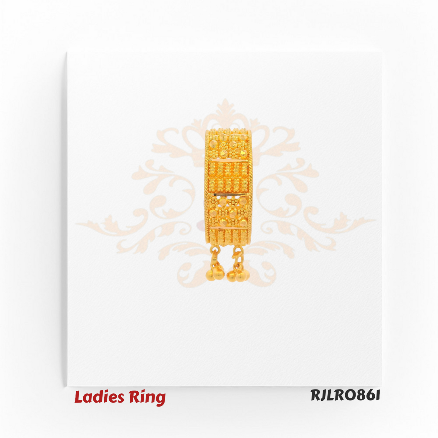 Front view of a gold ladies ring showcasing detailed patterns, square motifs, and dangling gold beads. Model RJLR0861.