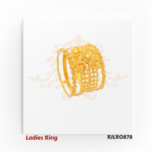 Angled view of a gold ladies ring showcasing the ornate square floral motif and decorative beaded side panels. Model RJLR0878.