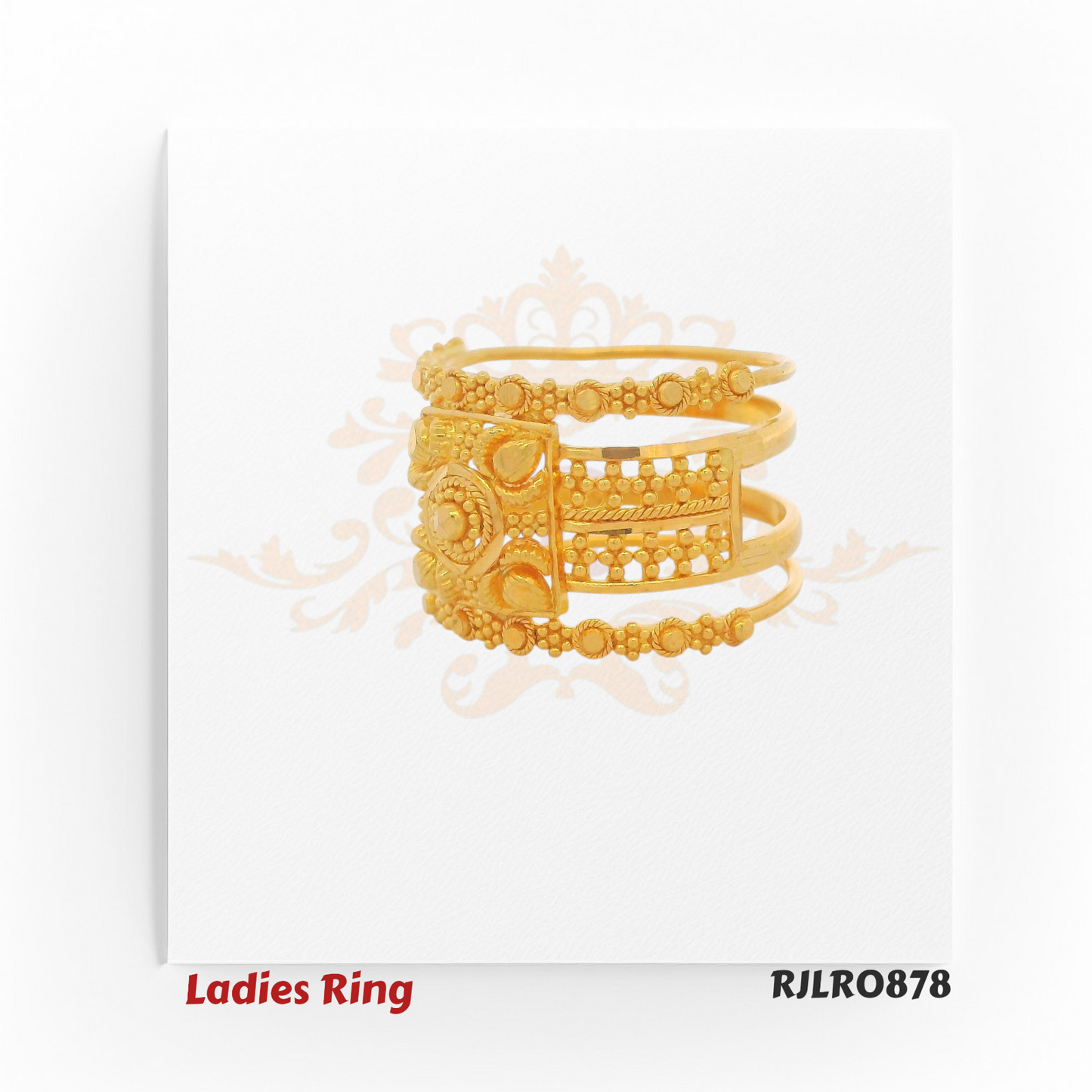 Side profile view of a gold ladies ring with a bold square floral design and delicate lattice-style band detailing. Model RJLR0878.
