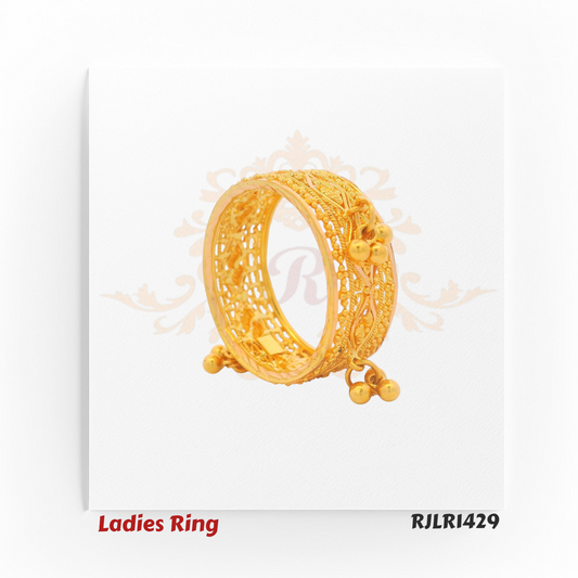 Side profile view of an ornate gold ladies ring highlighting the openwork lattice design, raised decorative motifs, and playful dangling ball accents along the band. Model RJLR1429.