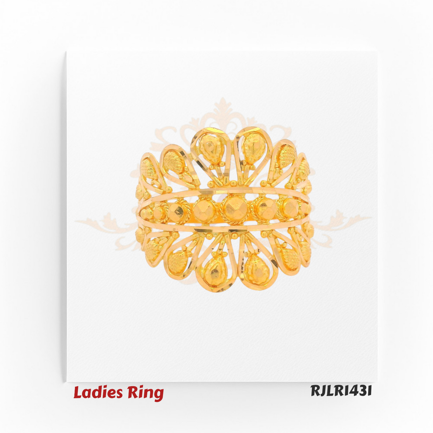 Front view: Front view of a gold ladies ring featuring symmetrical pear motifs arranged in a crown-like formation along the top. Model RJLR1431.