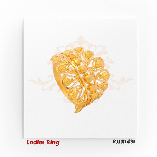 Side profile view: Side profile of a gold ladies ring showcasing the upward flare of pear motifs and the openwork design for a bold, airy silhouette. Model RJLR1431.