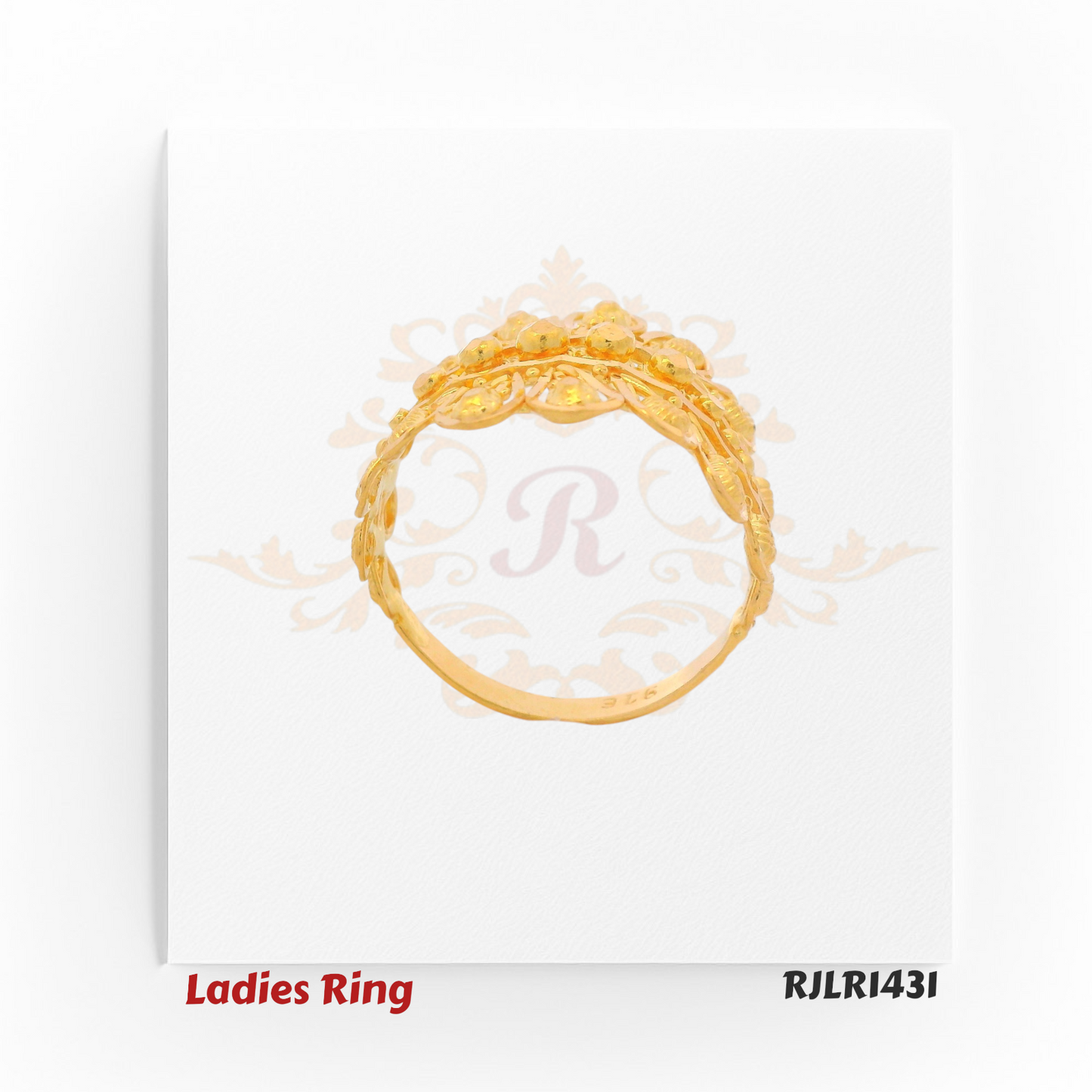 Angled view: Elegant ladies ring in gold, designed with dual rows of pear-shaped motifs radiating from a central band, accented with textured surfaces and polished details. Model RJLR1431.