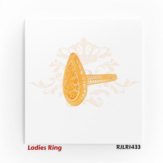 Angled view of an elegant gold ladies ring showcasing the elongated pear-shaped filigree design and lattice band. Model RJLR1433.