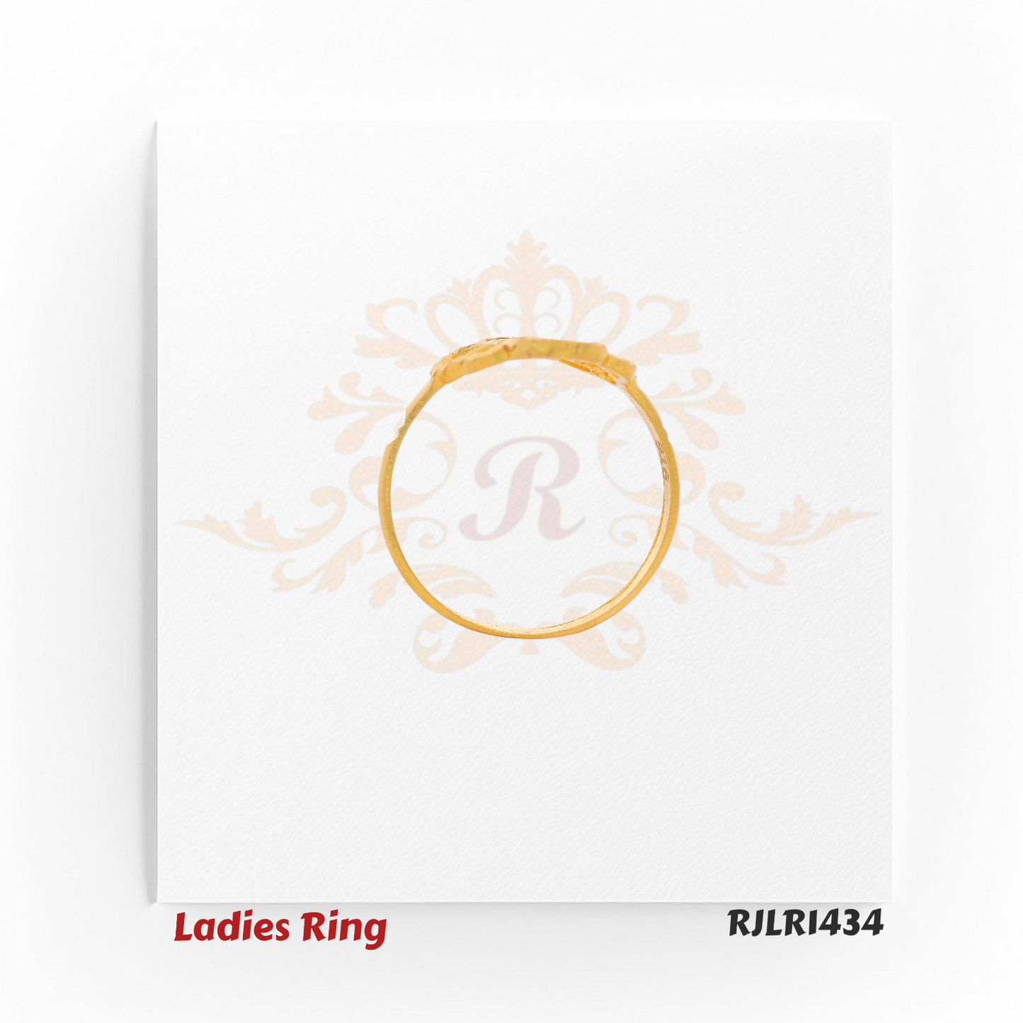 Profile view of an elegant 22kt gold ladies ring showing the slim polished band and raised decorative head. Model RJLR1434