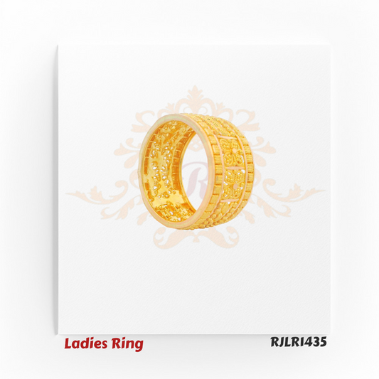 Angled view of an elegant 22kt gold ladies ring showcasing intricate grid-like engraving and symmetrical bead rows along the band. Model RJLR1435.