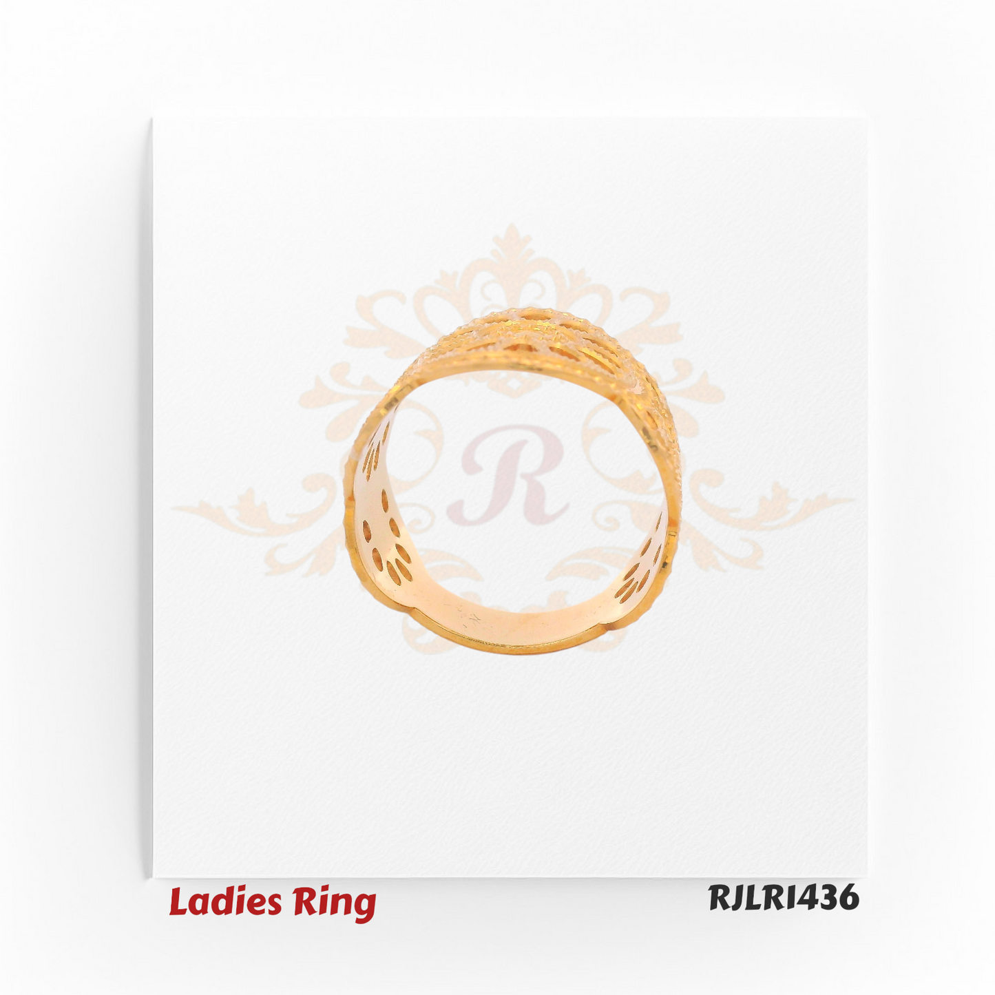 Side profile view of an elegant 22kt gold ladies ring revealing the smooth inner shank and continuous cutout pattern along the band. Model RJLR1436.