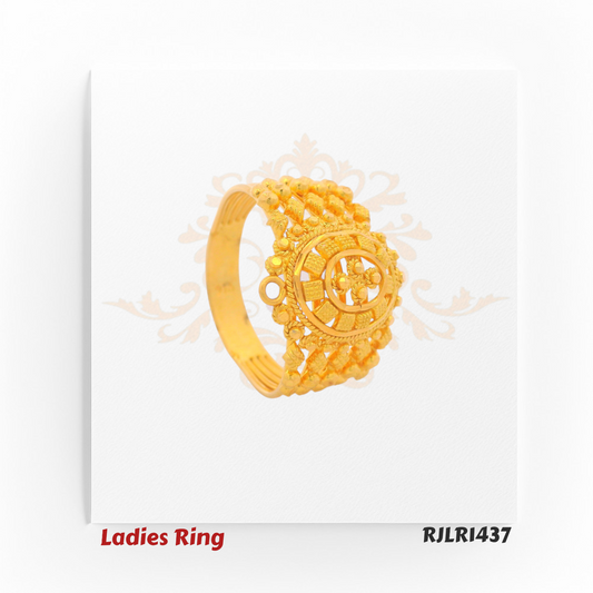 Side profile view of an ornate 22kt gold ladies ring showcasing the raised oval centerpiece, textured accents, and open lattice shank. Model RJLR1437.