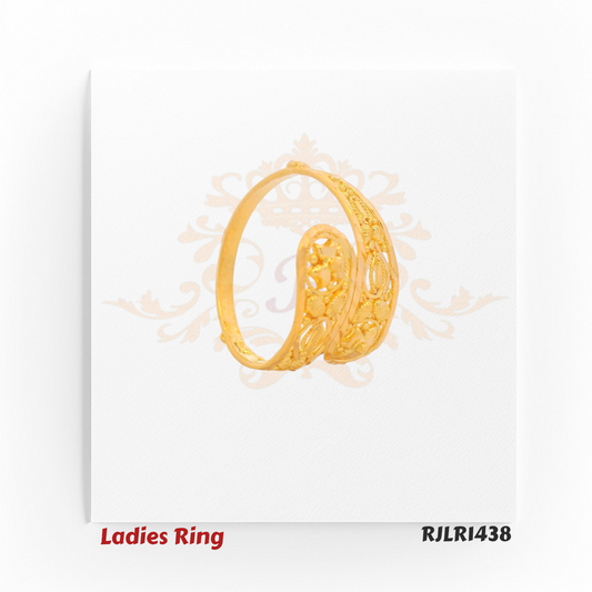 Side profile view of an elegant 22kt gold ladies ring highlighting the curving bypass design and delicate cutout detailing along the shank. Model RJLR1438.