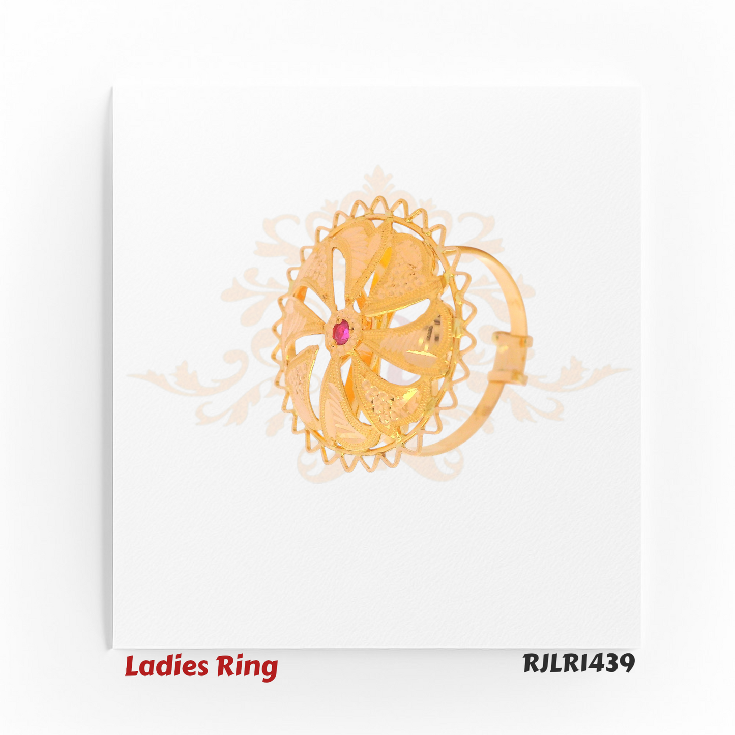 RJLR1439 – Side angle of gold ladies ring RJLR1439 showcasing raised floral motif and pink gemstone center.