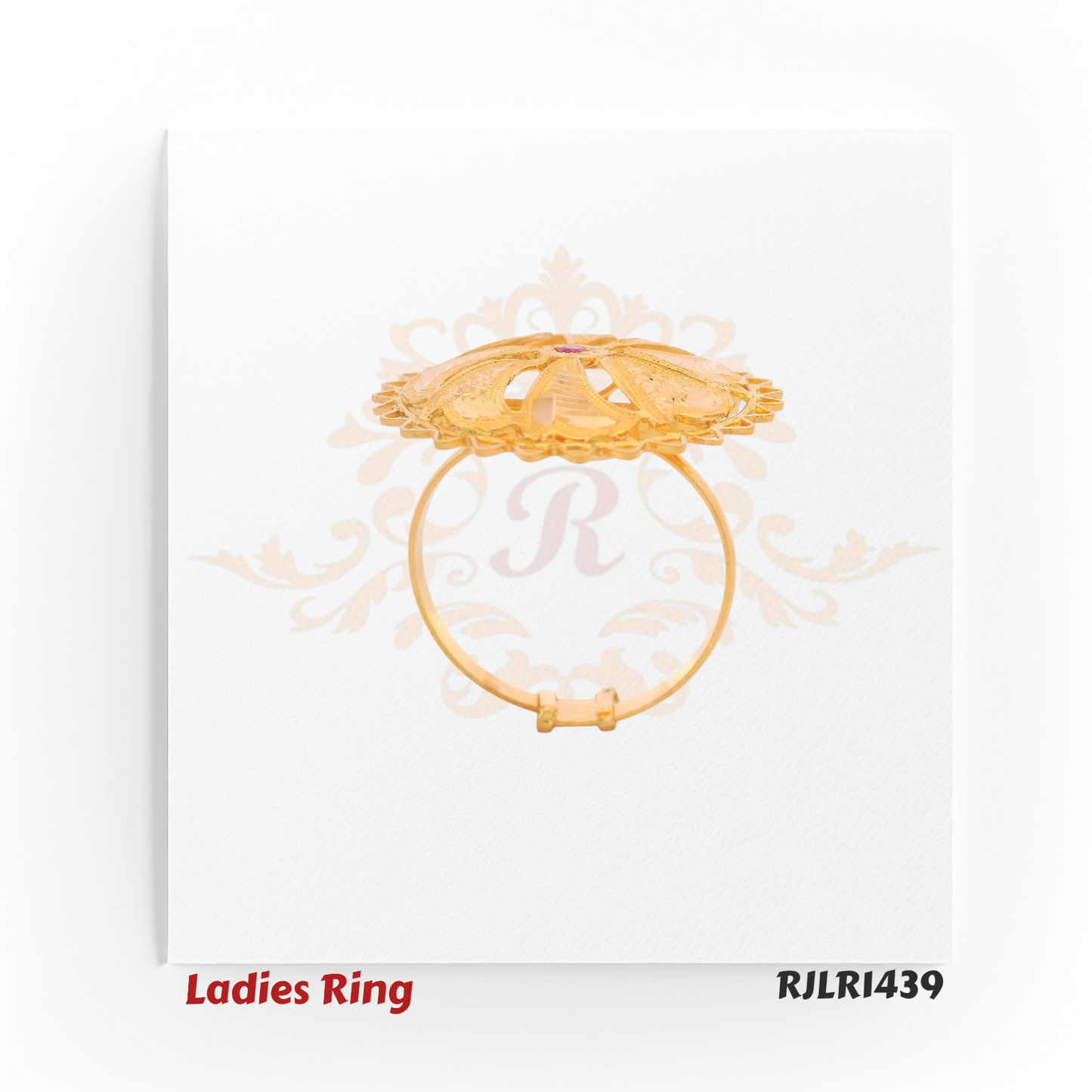 RJLR1439 – Profile view of gold ladies ring RJLR1439 highlighting thin band and large floral top with pink gemstone.