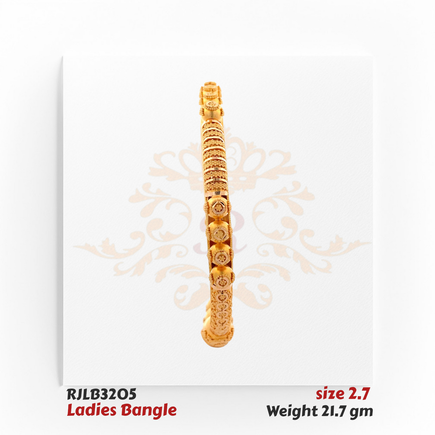 Side profile view of a detailed gold ladies bangle adorned with alternating dome-shaped floral motifs and textured engraved patterns, creating a rich and ornate design. Model RJLB3205.