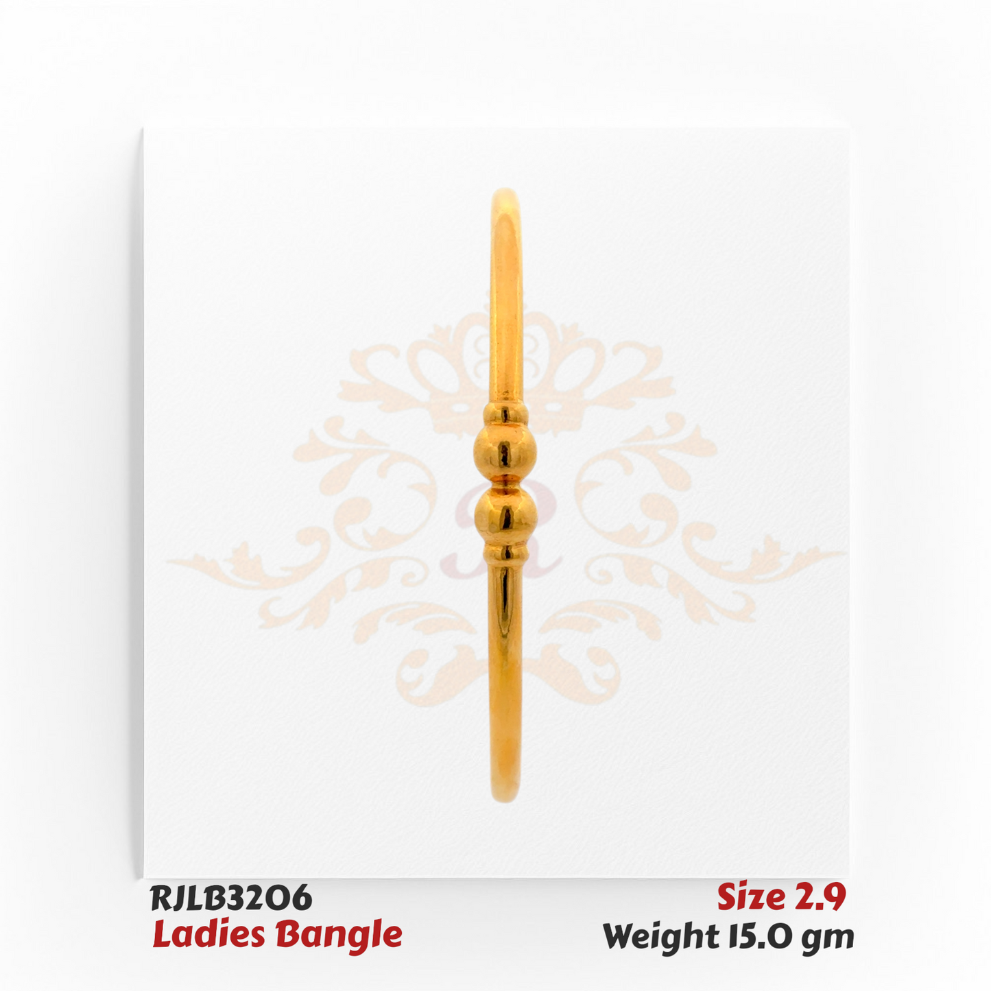 Front view of a minimalist gold ladies bangle featuring a smooth round band with two polished spherical beads at the center for a simple yet elegant design. Model RJLB3206.