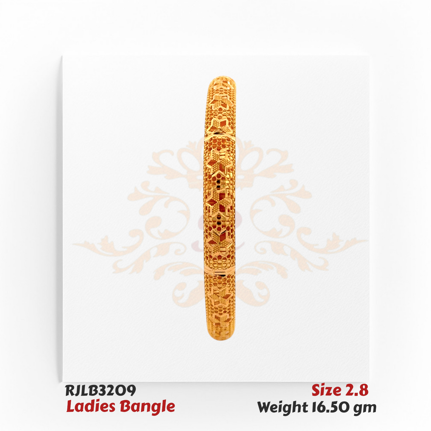 Front view of a gold ladies bangle adorned with an intricate geometric lattice pattern of hexagons and floral motifs, showcasing fine craftsmanship and traditional elegance. Model RJLB3209.
