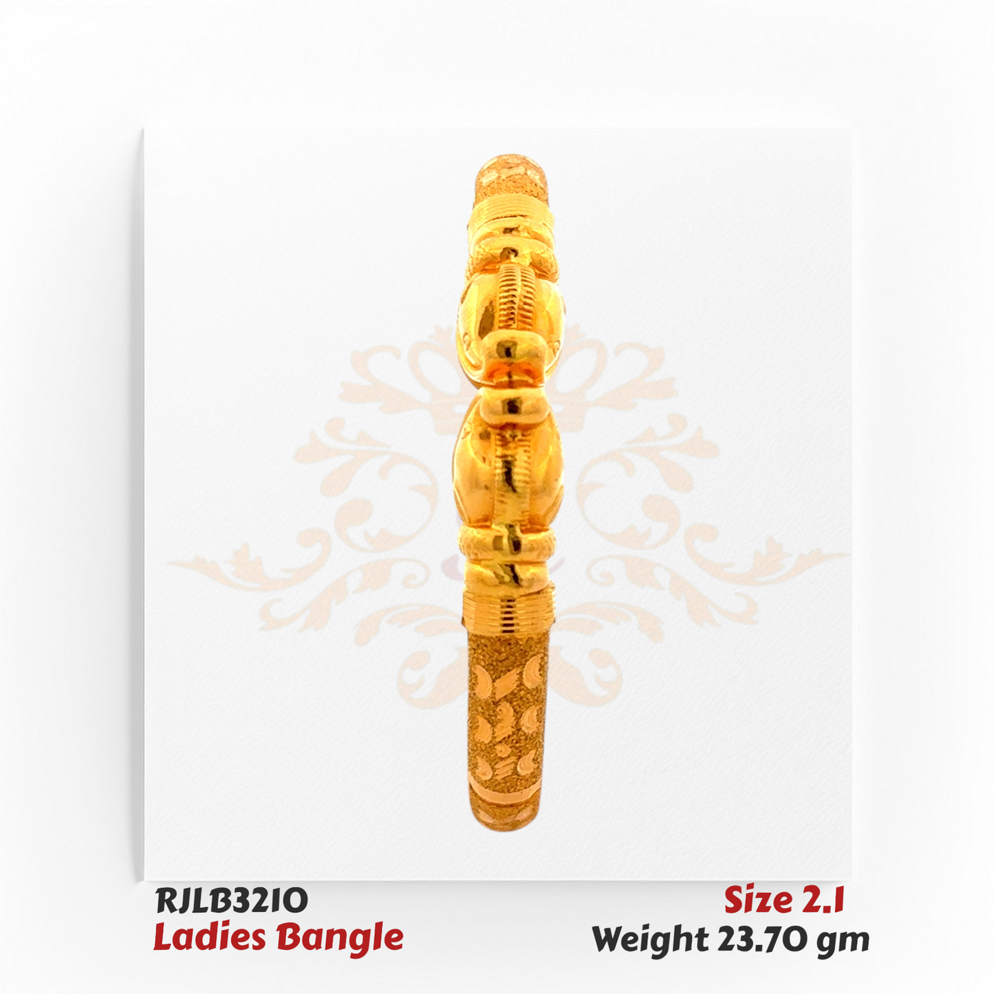 Front view of a gold ladies bangle with a central arrangement of polished, ornate bead-like segments and a textured engraved band, showcasing a blend of elegance and traditional detail. Model RJLB3210.