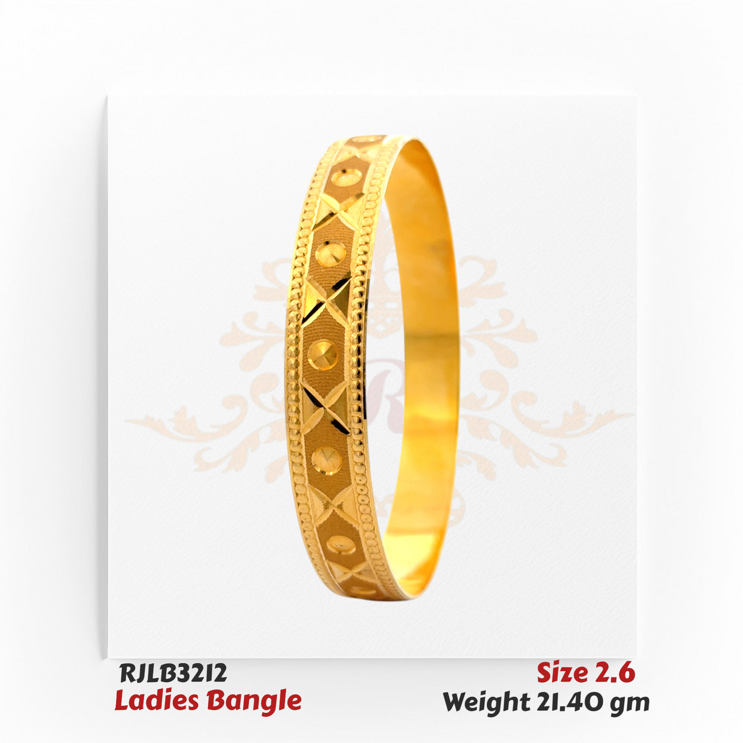 Angled view of a gold ladies bangle featuring a central band with alternating diamond-cut hexagon and X-shaped patterns, bordered by delicate beaded edges for a refined traditional look. Model RJLB3212.