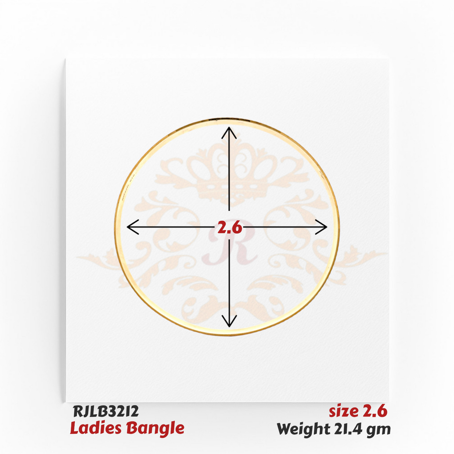 Top view of a gold ladies bangle with a smooth circular band, minimal detailing, and a refined polished finish for an elegant and versatile look. Model RJLB3212.