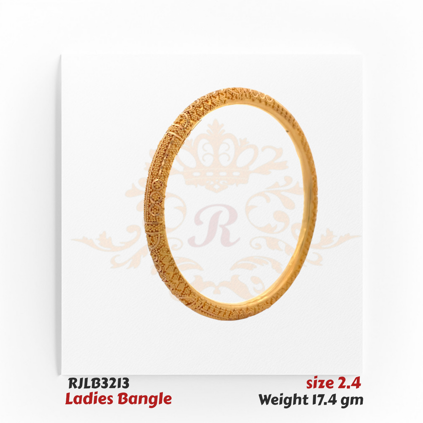 Angled view of a finely detailed gold ladies bangle adorned with intricate floral, scroll, and lattice engravings, complemented by delicate beaded textures for a timeless traditional look. Model RJLB3213.