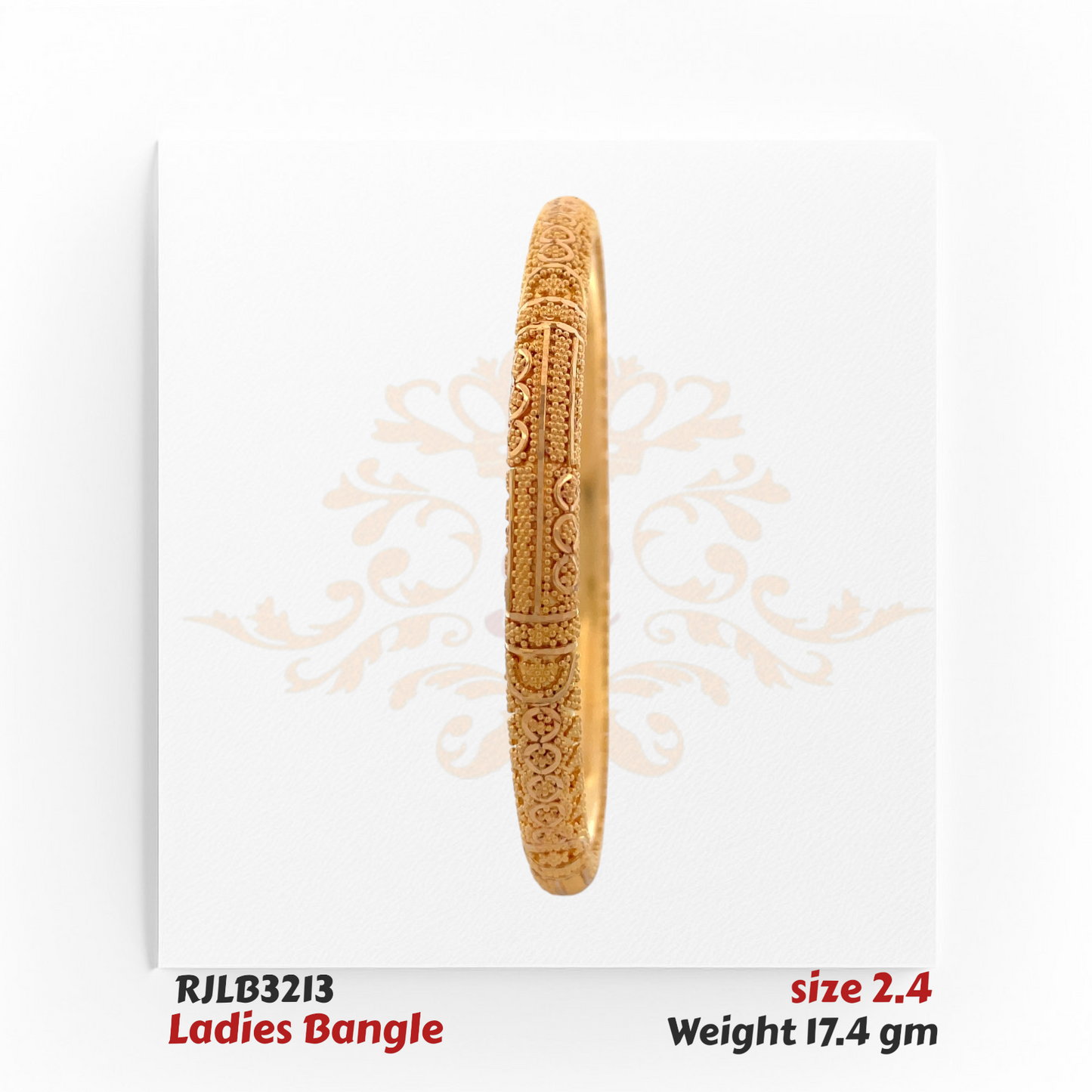 Side profile view of a gold ladies bangle showcasing intricate floral and scrollwork engravings with fine beaded detailing, exuding elegance and traditional craftsmanship. Model RJLB3213.