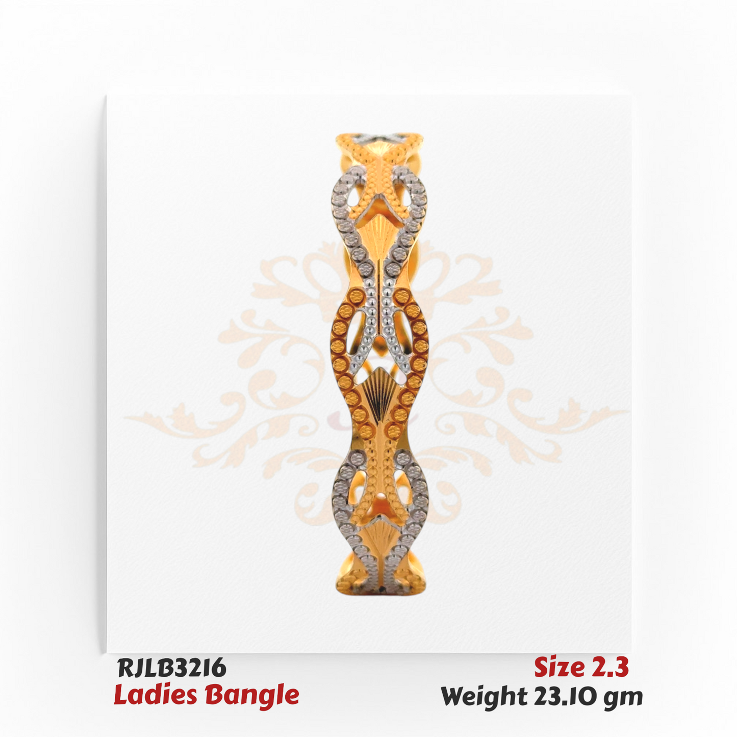 Front view of a gold ladies bangle with an elaborate openwork wave pattern, encrusted with alternating white and yellow stones, creating a dazzling and modern statement piece. Model RJLB3216