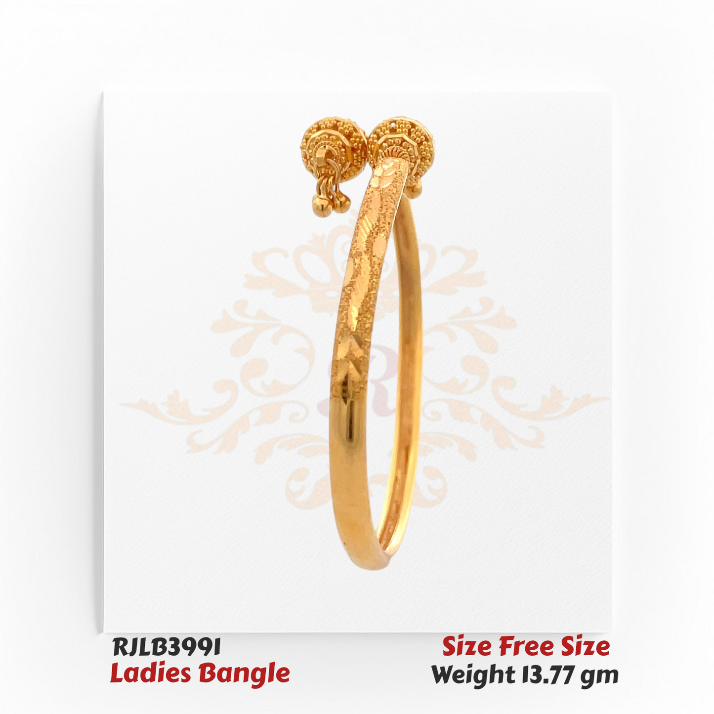 Side profile view of a textured gold ladies bangle accented with an intricate knot centerpiece and small dangling gold balls, blending elegance with traditional artistry. Model RJLB3991.