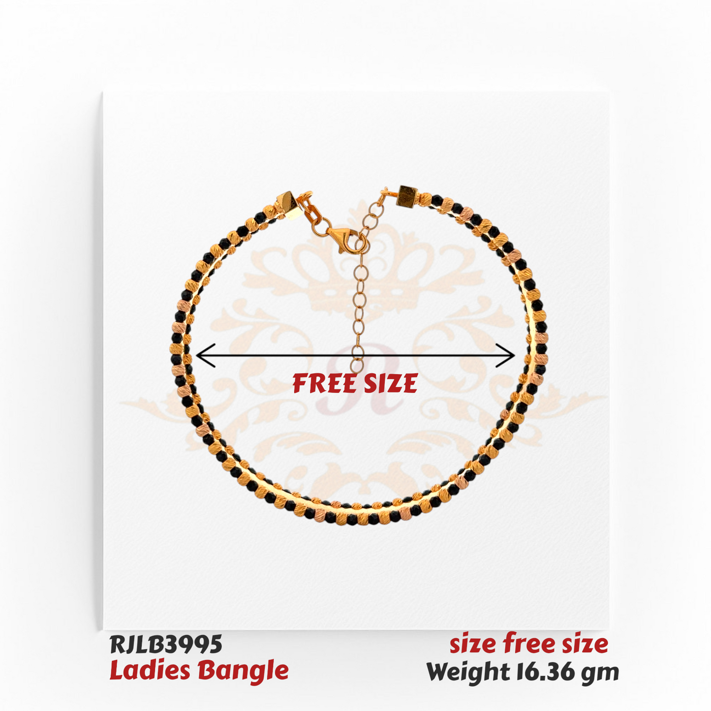 Top view of an adjustable gold ladies bangle adorned with alternating black and gold bead accents, featuring a linked chain clasp for a customizable fit. Model RJLB3995.