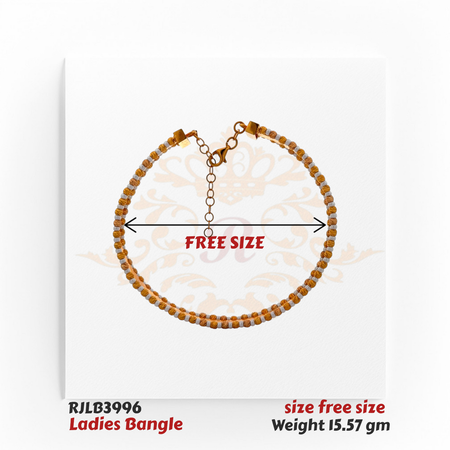 Top view of an adjustable gold ladies bangle featuring alternating textured and smooth bead segments, complete with a linked chain clasp for a customizable fit. Model RJLB3996.