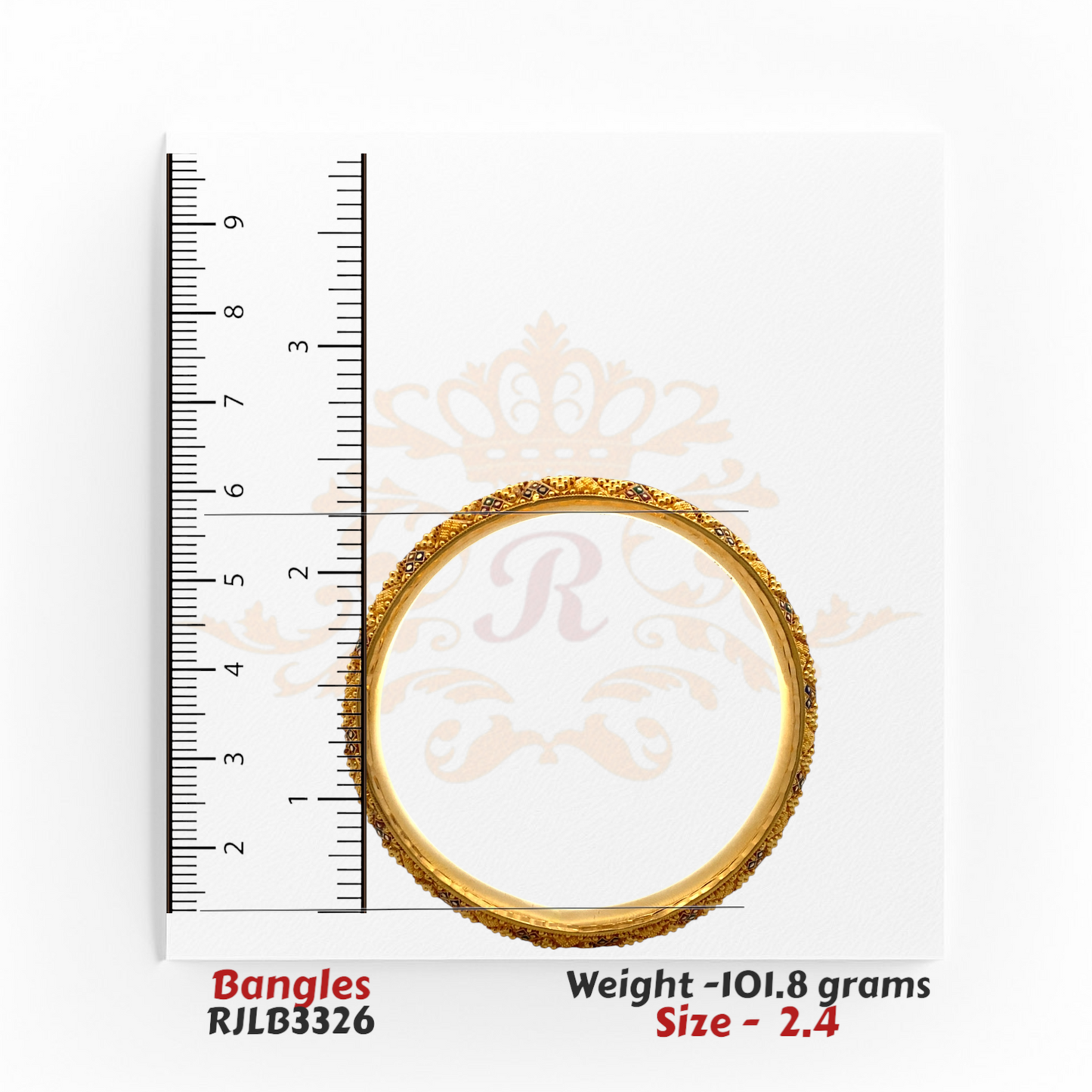 Single bangle from RJLB3326 measured against a ruler, confirming size 2.4 with a 2.4-inch inner diameter.