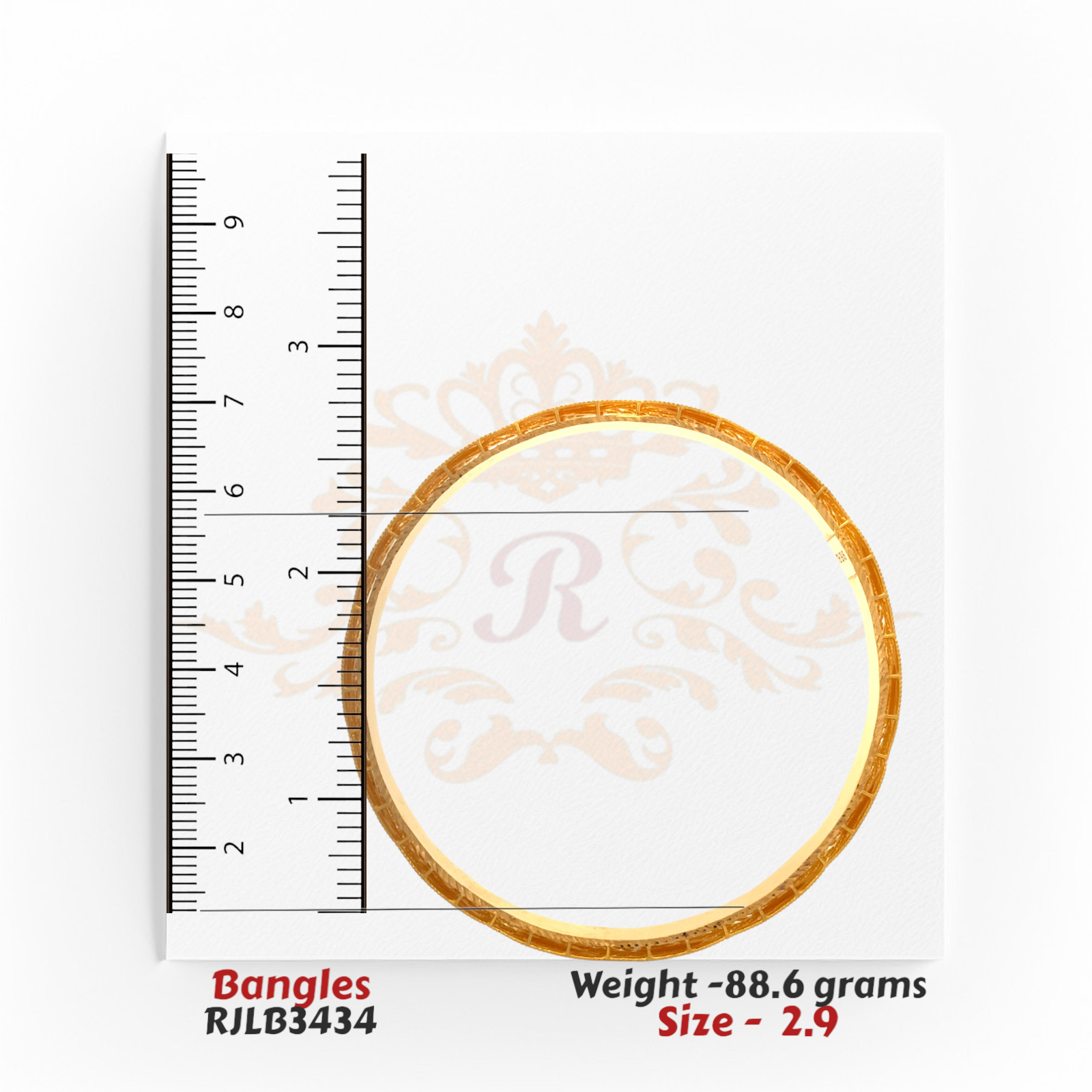 Six-piece 22kt gold bangle set with a wavy cutout design, highlighted by detailed texturing and reflective polished elements. RJLB3434, 88.6 grams, size 2.9.