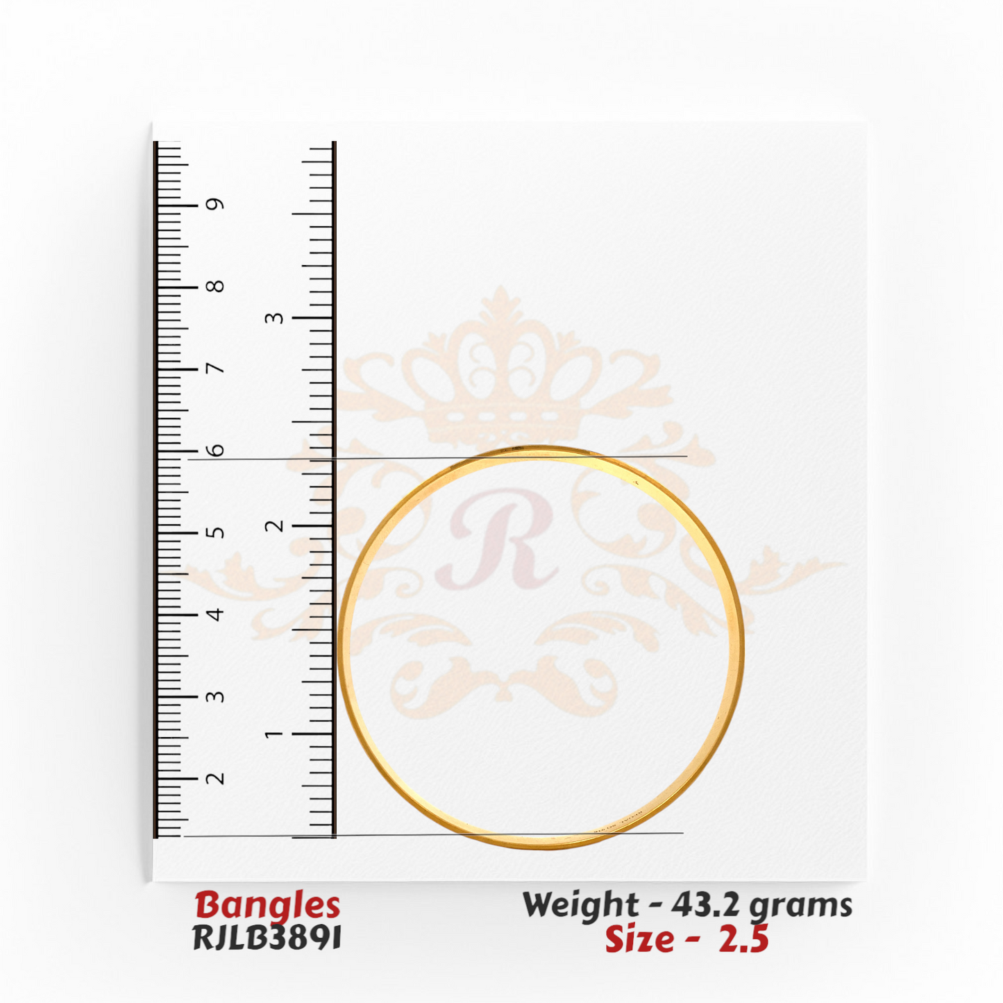 Single RJLB3891 bangle aligned against a ruler to verify size 2.5 with an approximate 2.5-inch inner diameter.