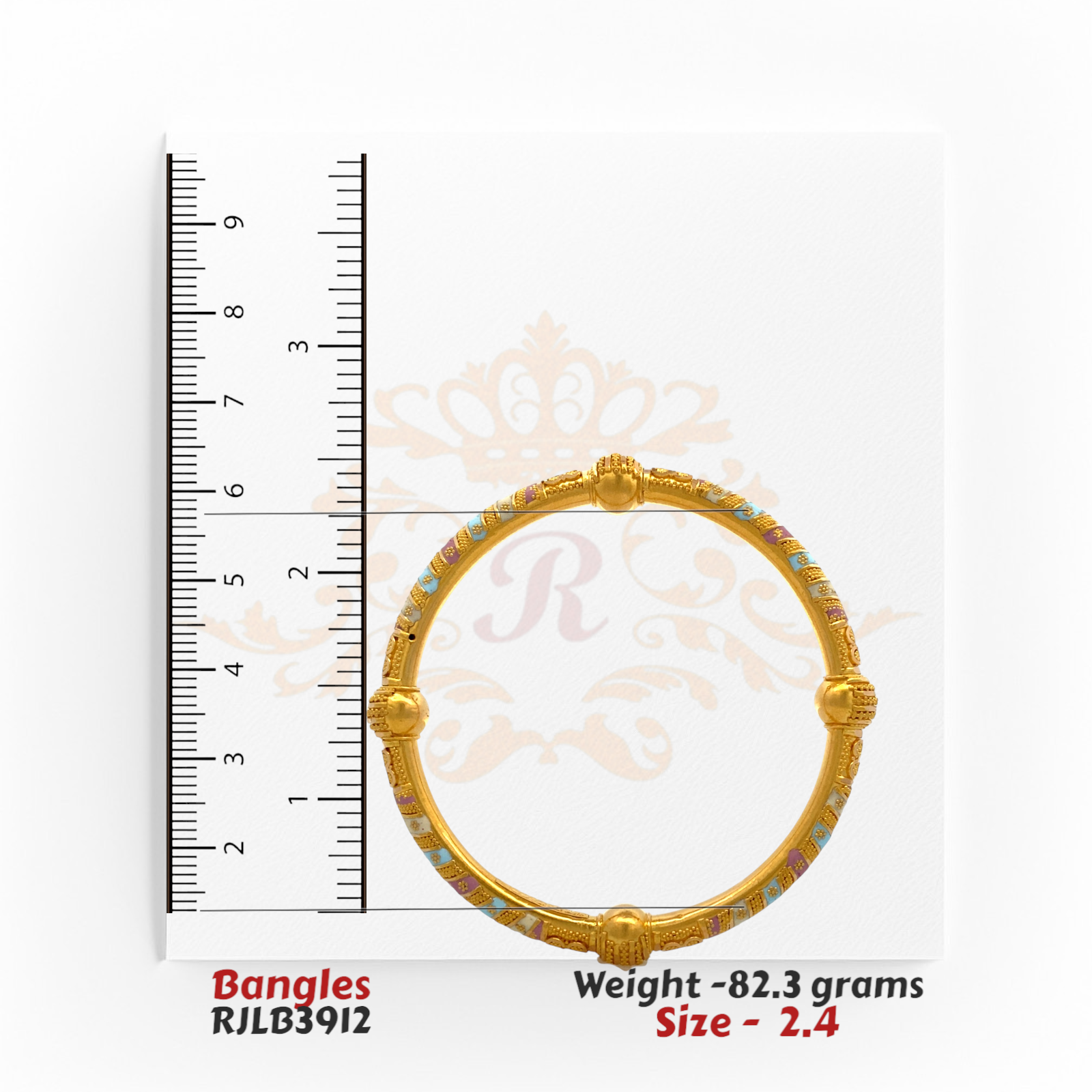 Stylish 22kt gold bangles showcasing a blend of embossed textures and fine cutwork craftsmanship. RJLB3434, size 2.9, total weight 88.6 grams.
