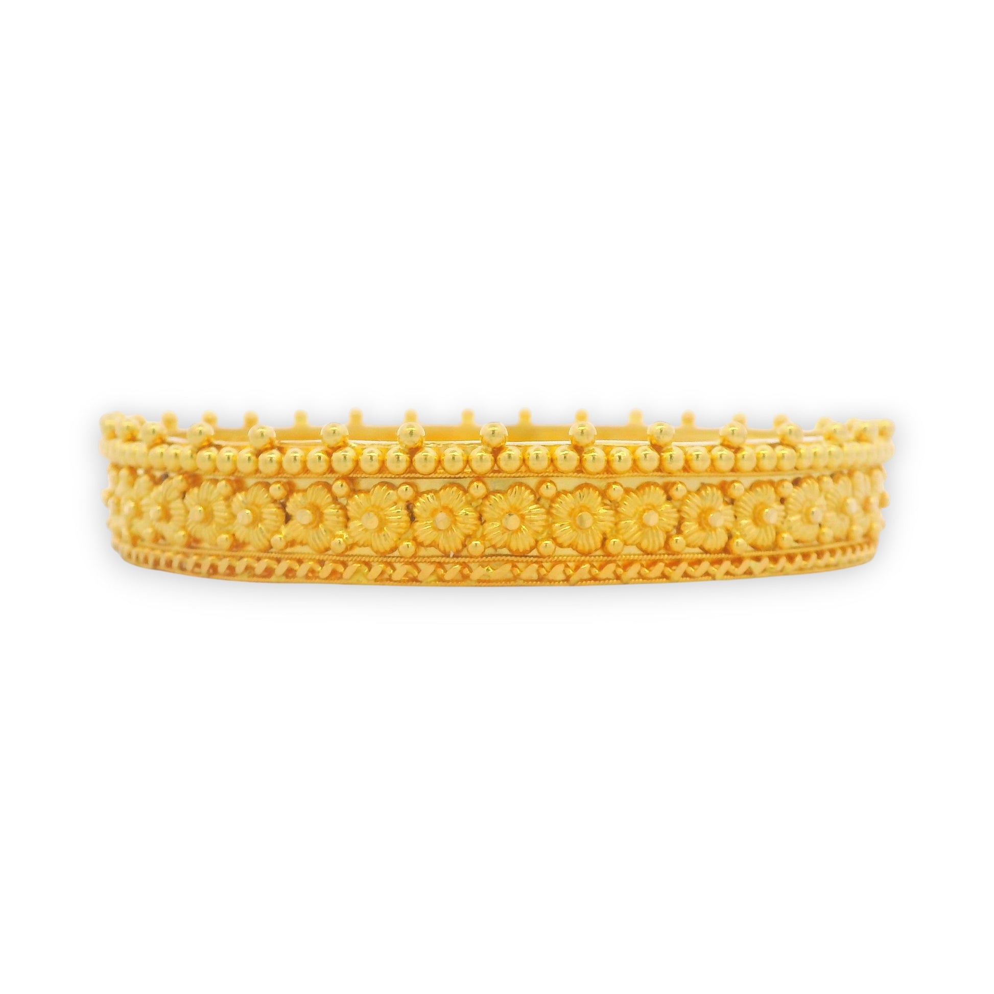 Side profile of 22kt gold bangles with intricate floral motifs and textured dome pattern, Regal Jewels Chicago – RJLB3012.