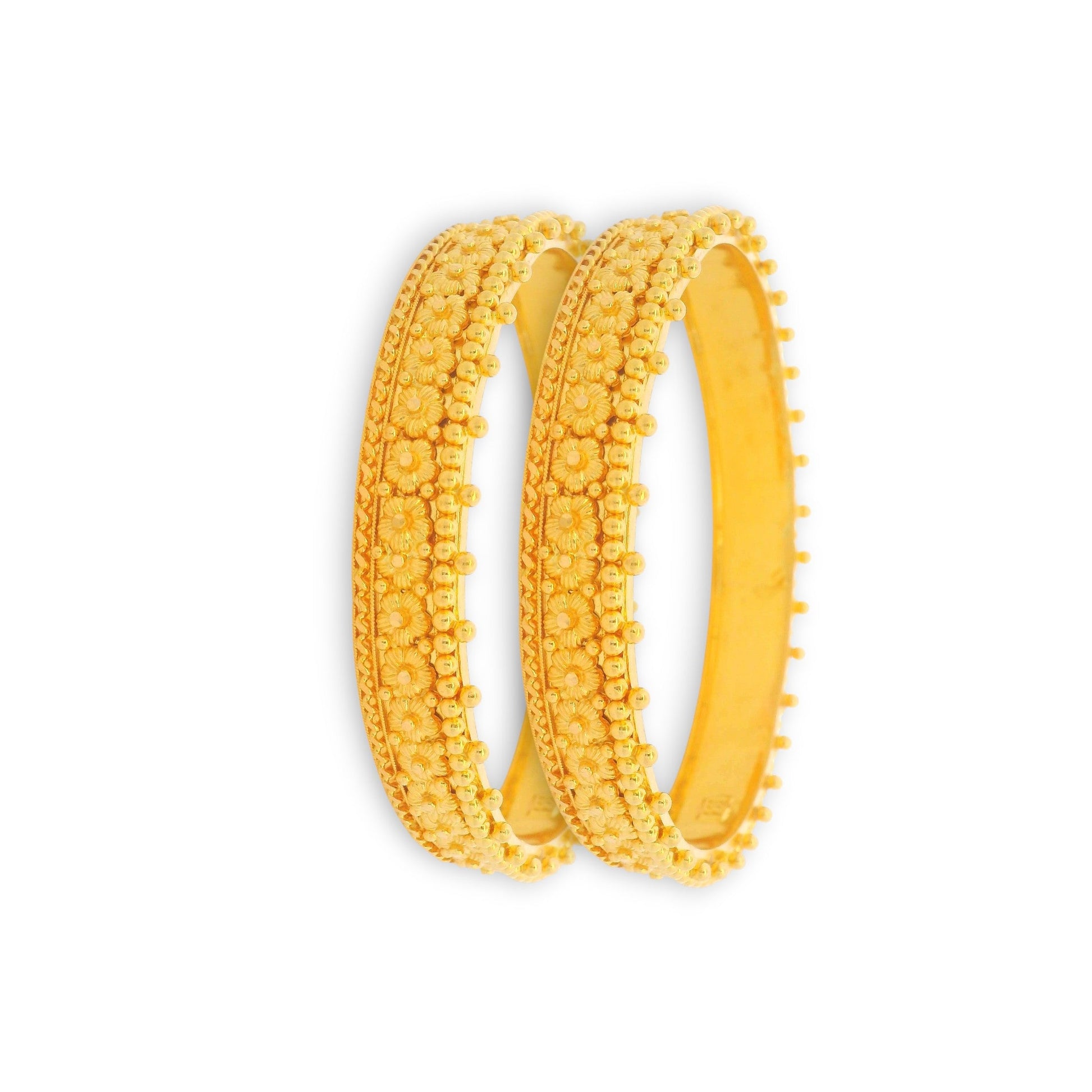 Pair of 22kt gold floral textured bangles with dome detailing, bold and traditional design, Regal Jewels Chicago – RJLB3012.