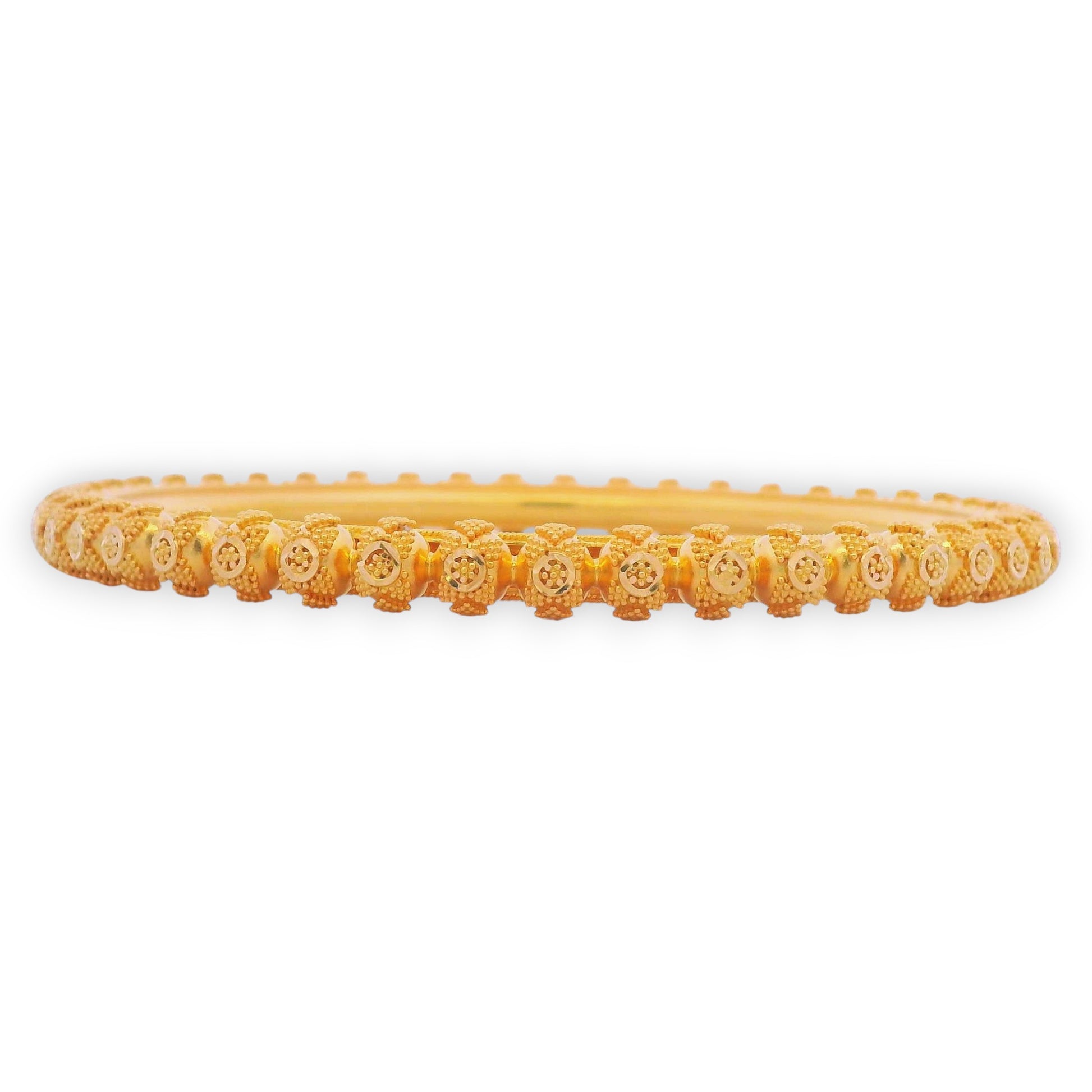 Luxurious side profile of 22kt gold bangles, 53.6 gm, showcasing intricate floral dome craftsmanship and regal texture – RJLB3014.