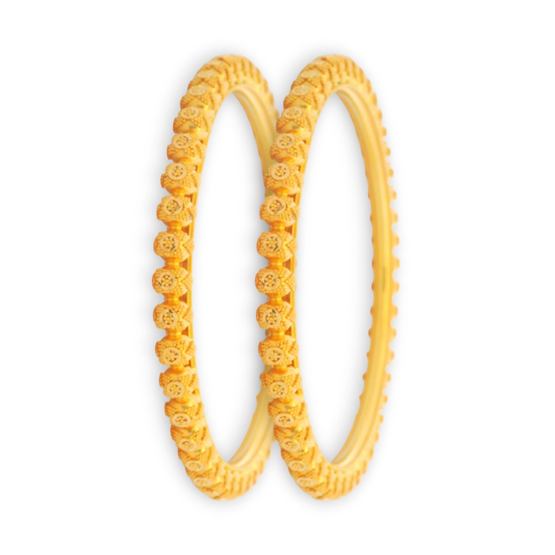 Stunning pair of 22kt gold ladies bangles, 53.6 gm, bold floral dome and textured detailing, timeless ethnic elegance – RJLB3014.