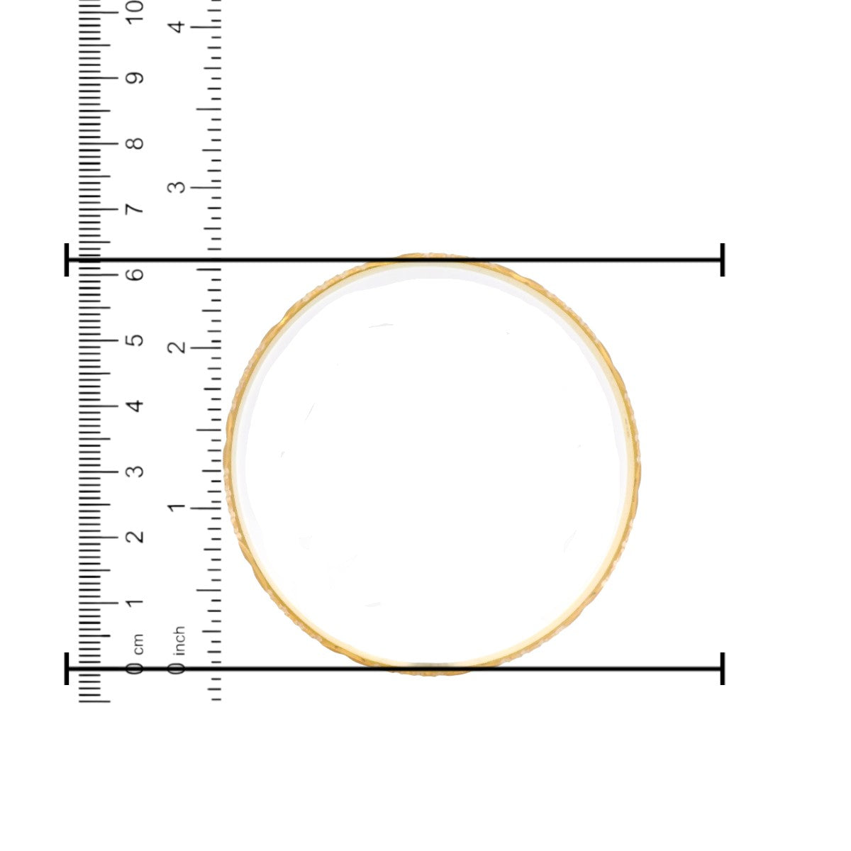 Premium 22kt gold ladies bangle, measured at 2.9 inch diameter on ruler scale, elegant diamond-cut textured design – RJLB3128.