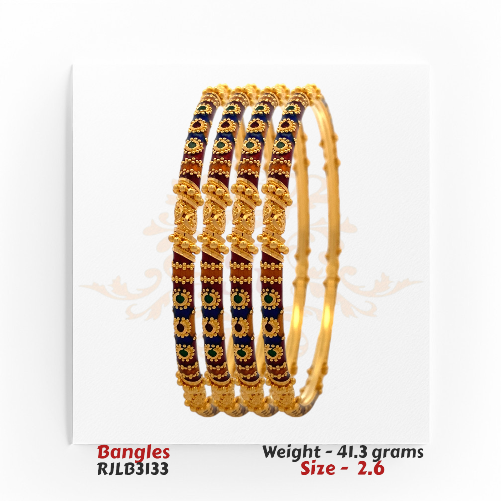 Angled view of RJLB3133 22kt gold bangles showing the enamel floral detailing and vibrant color contrast with traditional design.