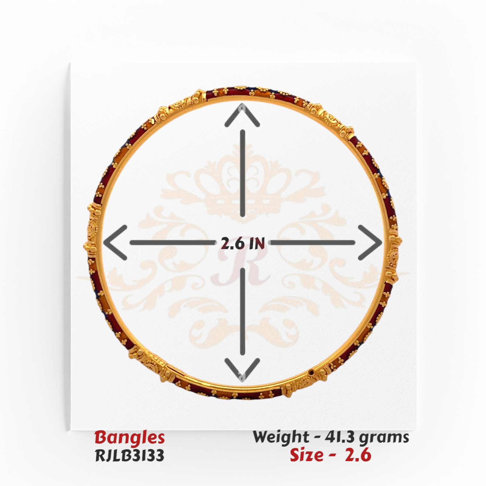 Top-down view of RJLB3133 bangle with directional arrows confirming 2.6-inch inner diameter.
