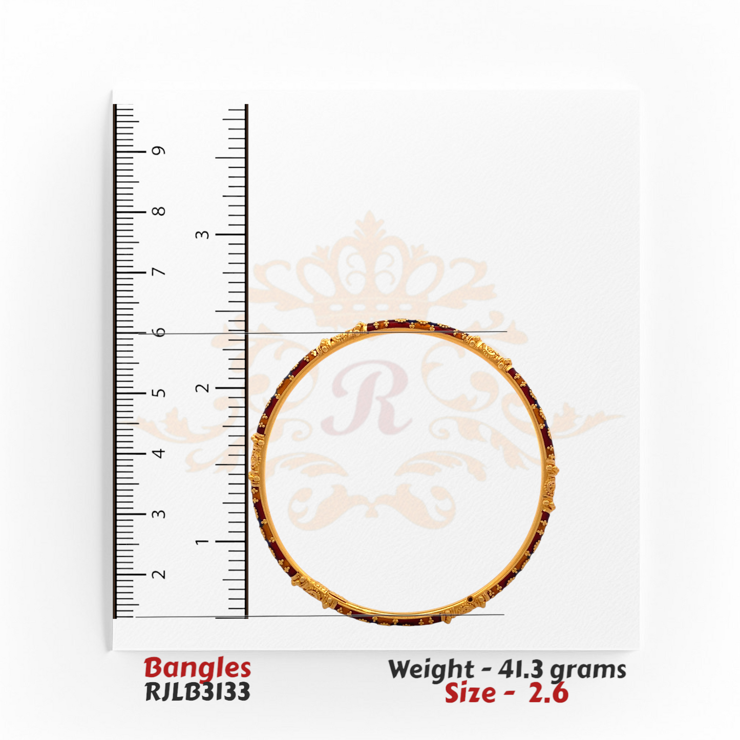 Single RJLB3133 bangle positioned against a ruler backdrop, verifying a 2.6-inch inner diameter