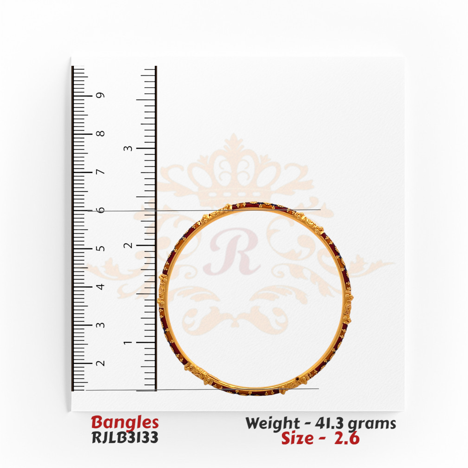 Single RJLB3133 bangle positioned against a ruler backdrop, verifying a 2.6-inch inner diameter