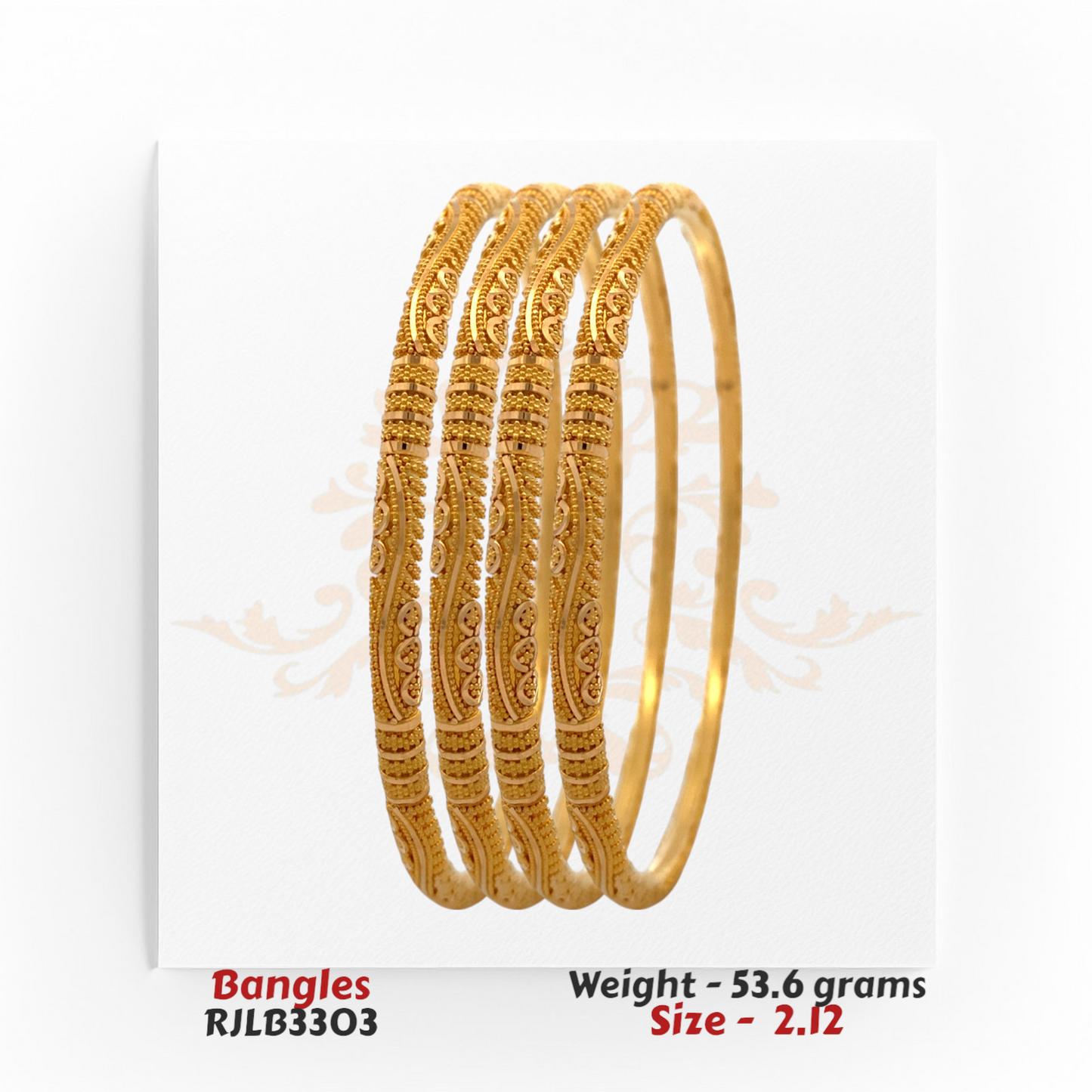 Side-angle view of RJLB3303 22kt gold bangles showcasing detailed floral scrolls and curved symmetry in traditional Indian design.