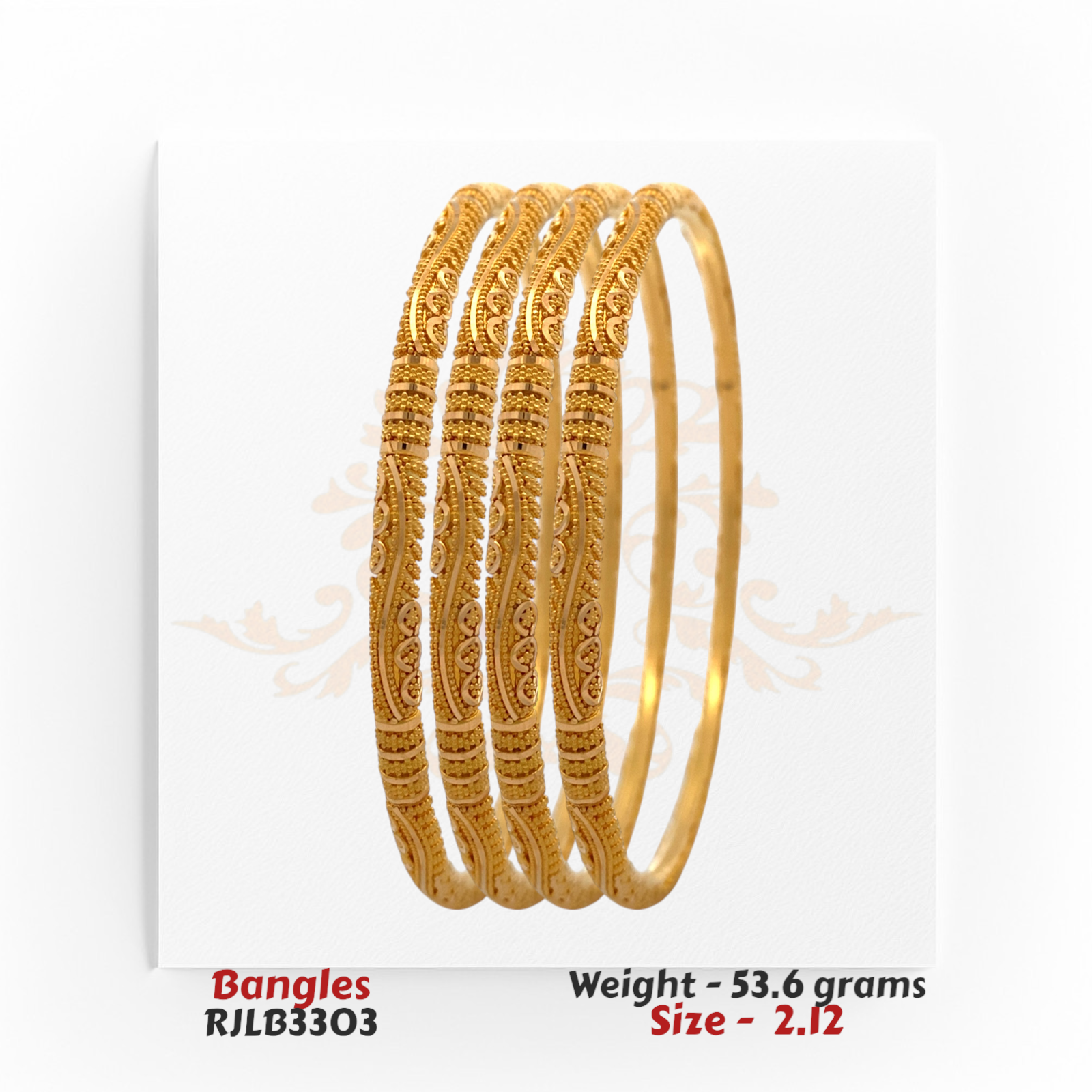 Side-angle view of RJLB3303 22kt gold bangles showcasing detailed floral scrolls and curved symmetry in traditional Indian design.