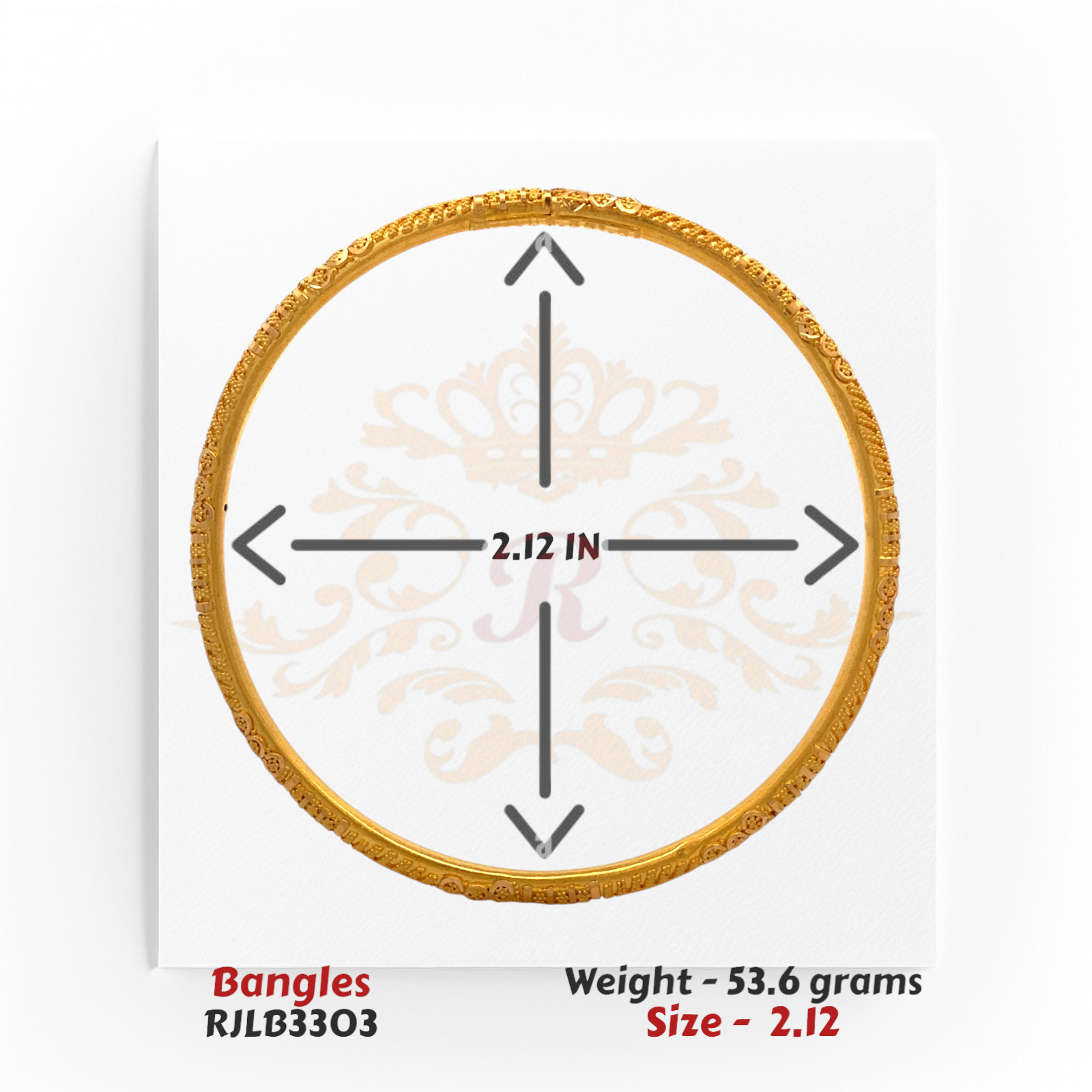 Single RJLB3303 bangle shown with directional arrows and labeled diameter of 2.12 inches.